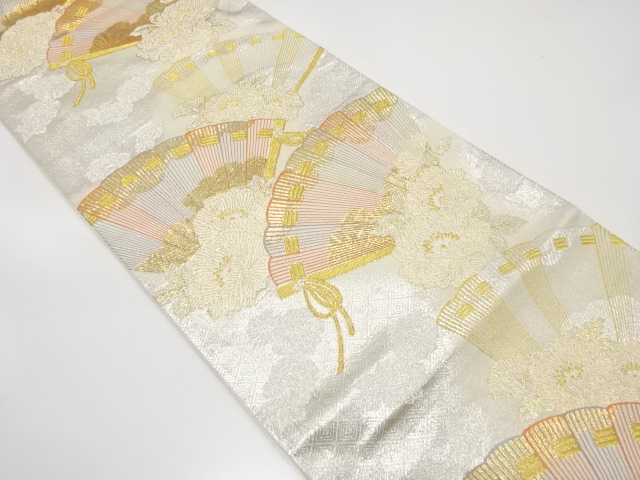 アンティーク　桧扇に牡丹模様織り出し袋帯（材料）